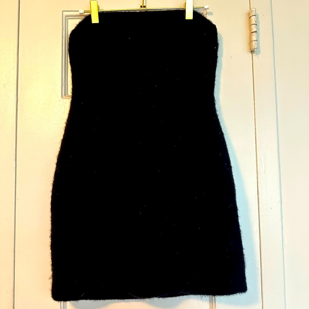 ZARA Felted Faux Fur Boucle Black Strapless Mini Dress - Size S